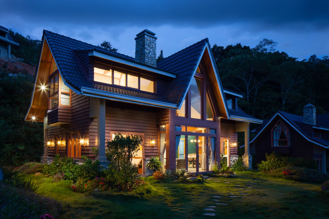 Custom home exterior at dusk